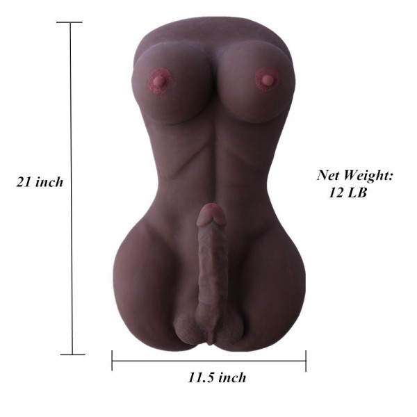Black Full Silicone Lady boy Sex Doll with 18cm Penis&Big Breast, Love Doll for Women, Lesbian Gay Male Adult Dolls