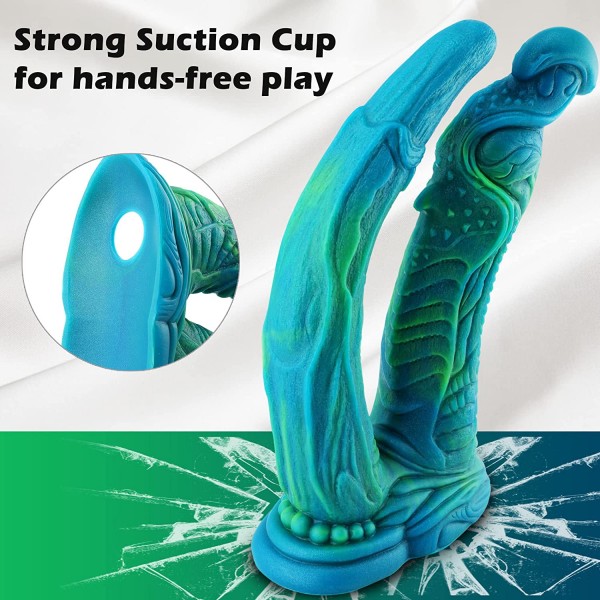 Monster Fantasy Silicone Dildo, Big Vibrating Soft Double Dildos med Sug Cup